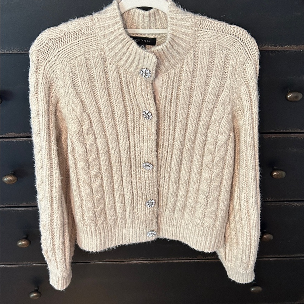 Ann Taylor Cream Cable Knit Cardigan with Crystal Buttons